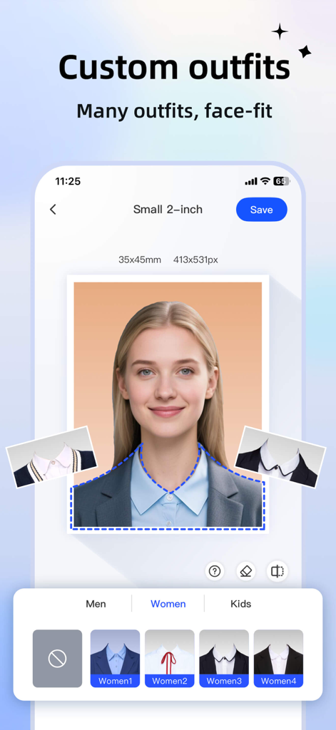 ID photo passport maker：IDCam - A woman using the IDCam app to select and apply a formal suit to her identification photo