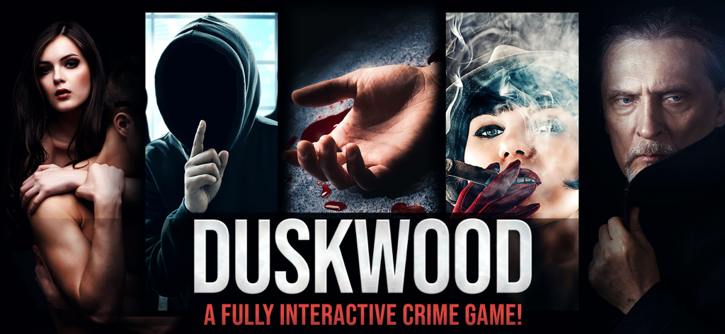 Duskwood - Detective Story - Werbebanner für Duskwood mit mysteriösen Charakteren und einer Tatortszene