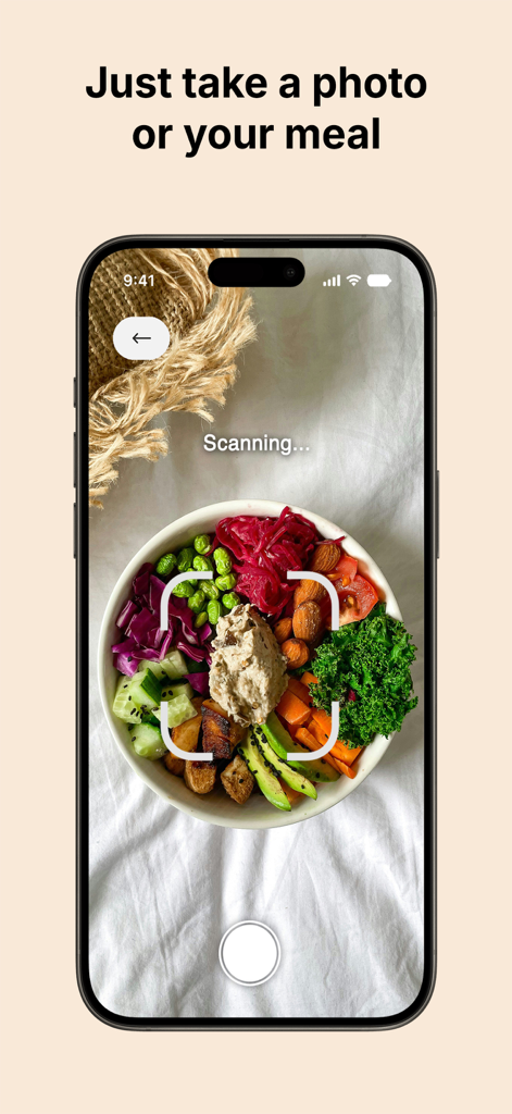 Smartphone screen of Sugar Ai app scanning a healthy salad bowl to track calories and nutrition with AI