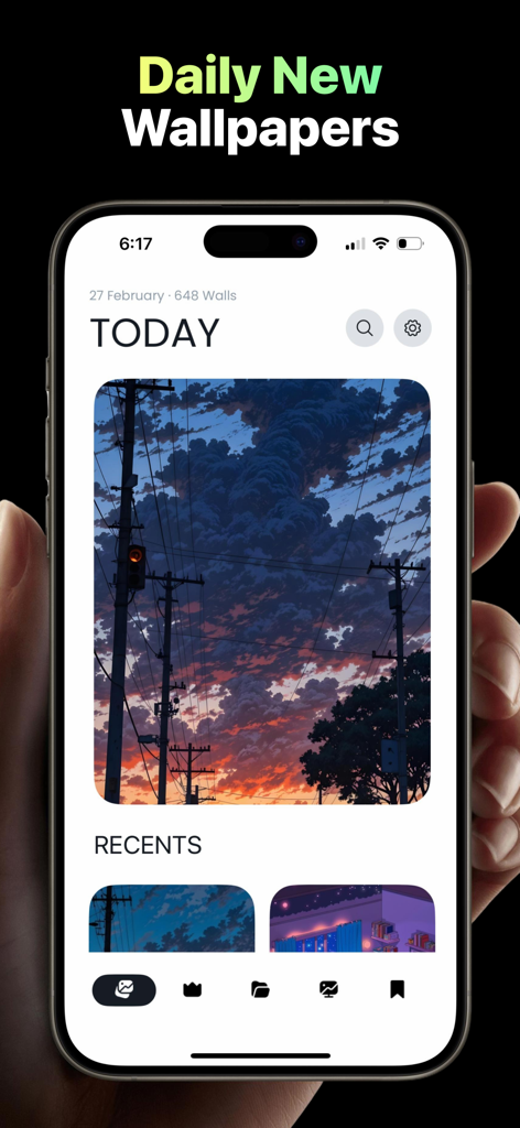 Lagguy Wallpaper Background - A mobile app interface displaying a curated daily collection of high quality landscape and anime style wallpapers for iPhone