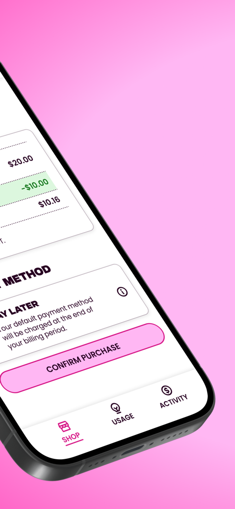 Powershop Lab NZ - A mobile phone screen showing the purchase confirmation page in the Powershop Lab app with a pay later option and confirm purchase button.