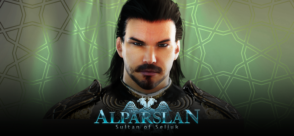 Alparslan: Warlord RPG Game - Retrato en primer plano del personaje del Sultán Alparslan del juego móvil RPG de Señores de la Guerra.
