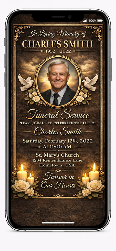 Elegant funeral service invitation template on a mobile phone