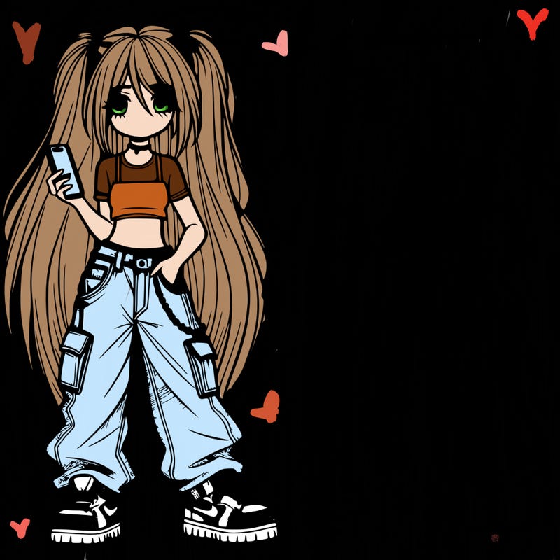 girl with really long hair cargo jeans baggy clothes and her phone