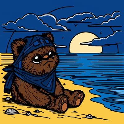 ewok on a beach with a sunset