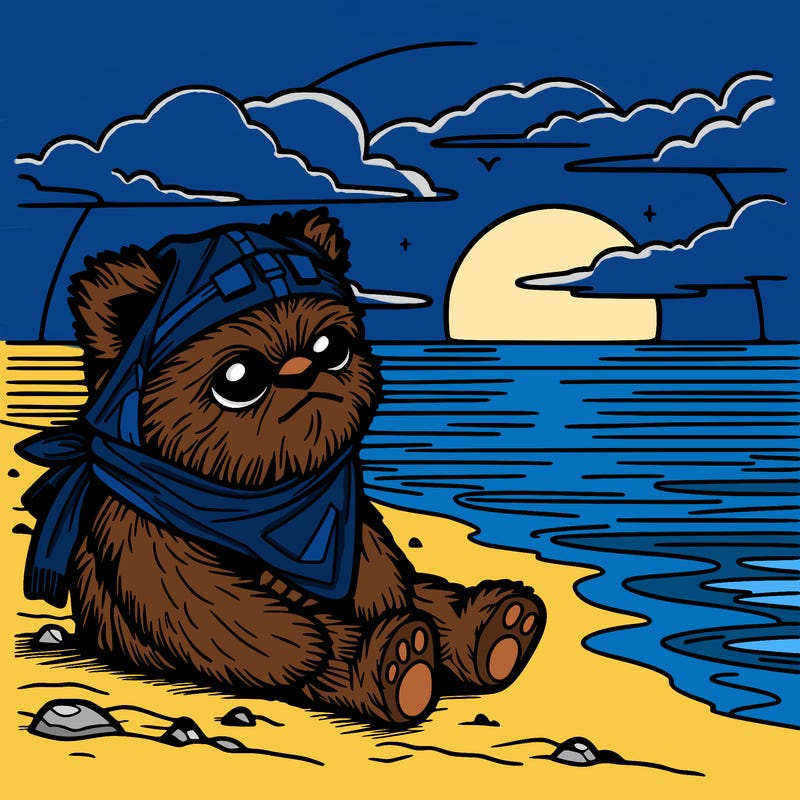 ewok on a beach with a sunset