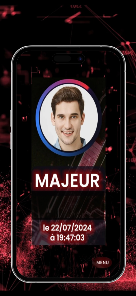 AnonymAGE app interface displaying a confirmed adult status with a user portrait and timestamp