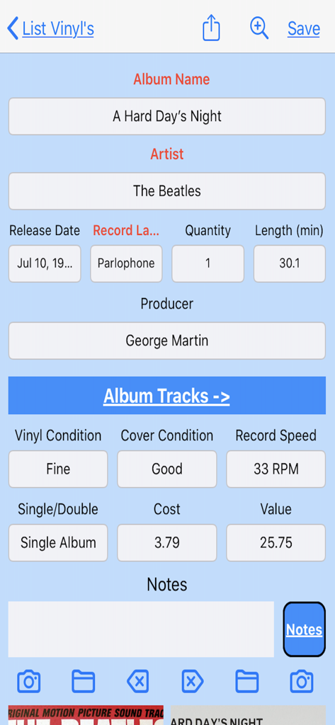 Interfaz de la aplicación Mi Colección de Vinilos mostrando los detalles del álbum The Beatles A Hard Days Night, incluyendo estado y valor.