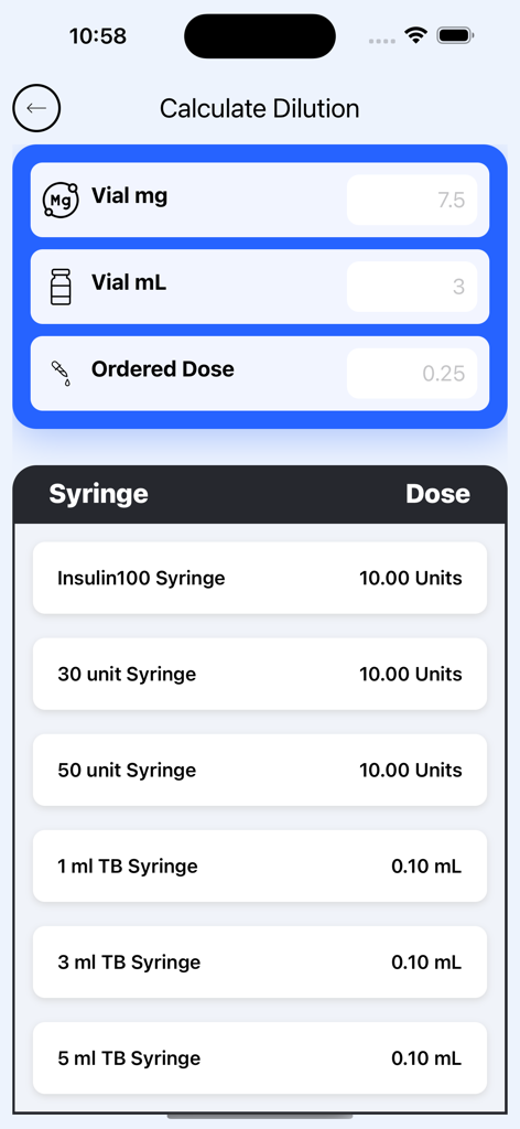 SemaCalc app interface showing semaglutide dilution calculations and recommended syringe doses