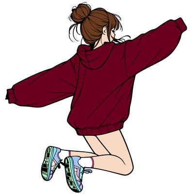 realistic girl jumping with a bun and oversized sweatshirt