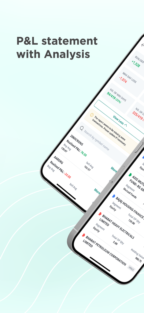 MyGeojit - MyGeojit app screen showing profit and loss statement and detailed portfolio analysis