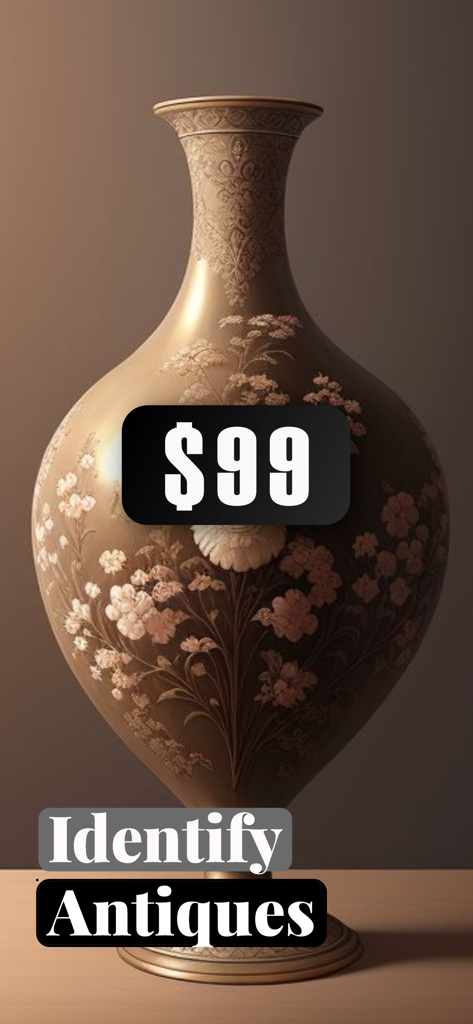 Antique Identifier: AI Scan - Un florero ornamentado de porcelana antigua con una etiqueta de precio de noventa y nueve dólares superpuesta y el texto Identificar Antigüedades.