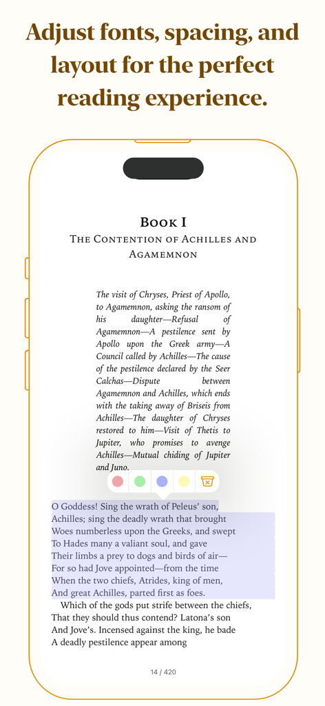 ePub Pro - ePub Pro アプリの iPhone 画面。ハイライトされた段落と注釈用のカラーオプションを備えた eBook を表示しています。