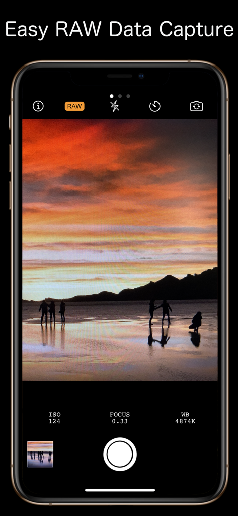 Simple RAW Camera app interface on an iPhone capturing a sunset landscape with RAW mode and manual settings visible.