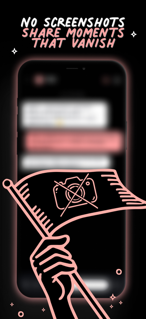 An illustration of a hand holding a flag with a crossed out camera icon to show that the Hush app blocks screenshots and ensures messages vanish