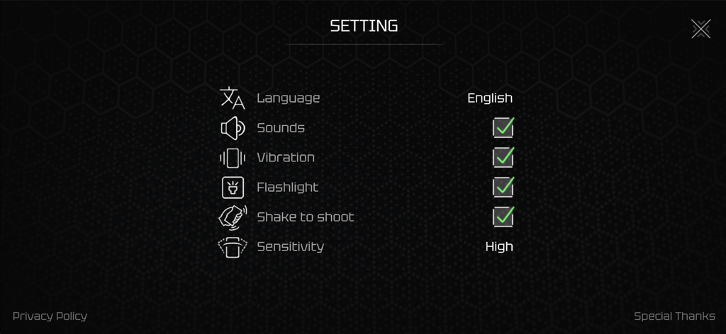 Settings screen of the Real Gun app featuring toggle options for sounds vibration flashlight and shake to shoot