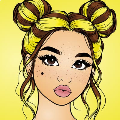 realistic girl with two buns on her hair and lips
