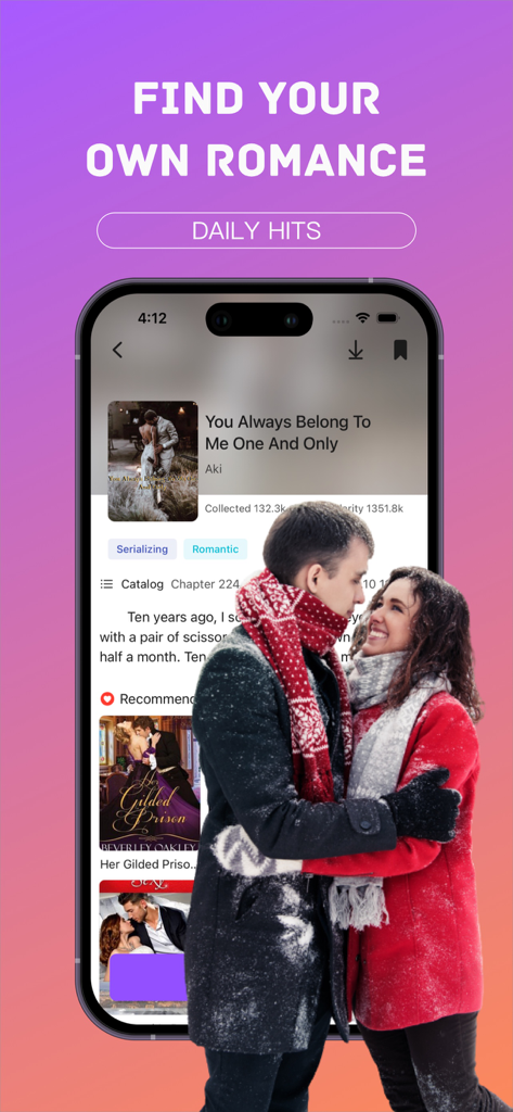 Puppr Novel -Romance & Fantasy - Pantalla de teléfono inteligente que muestra una historia de romance en la aplicación Puppr Novel con una pareja abrazándose en primer plano