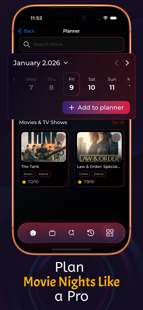 OnStream : TV shows & Movies - Interface of the OnStream app's movie planner feature for organizing watchlists