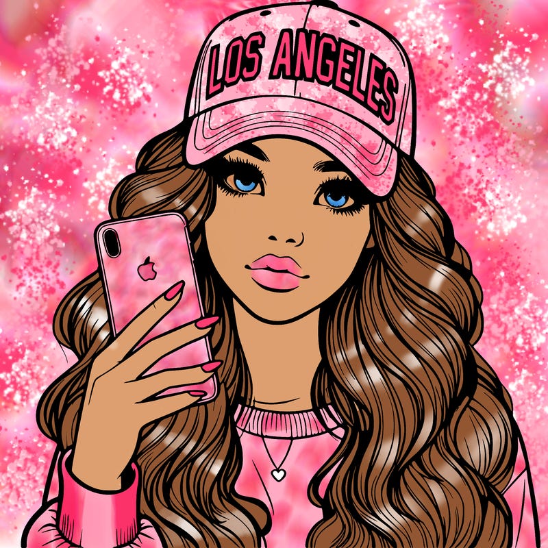 realistic beautiful girl wearing los ángeles cap holding an iphone