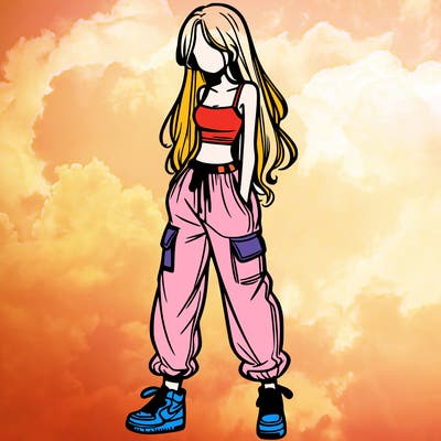 girl in baggy pants crop top and long hair