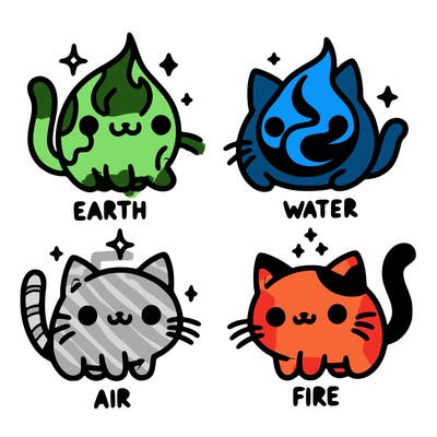 4 cats that represent the different elements, earth, water, air, and fire