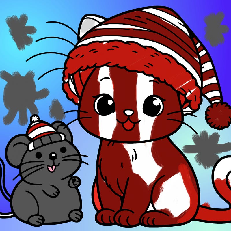cat in santa hat with paw near mouse