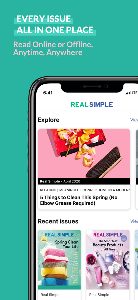 Aplicativo Revista Real Simple em um iPhone mostrando artigos de estilo de vida em destaque e edições recentes
