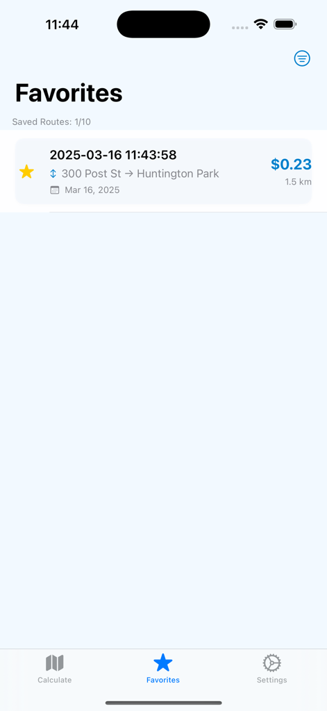 Favorites screen of the FuelCost app showing a saved route with its fuel cost and distance