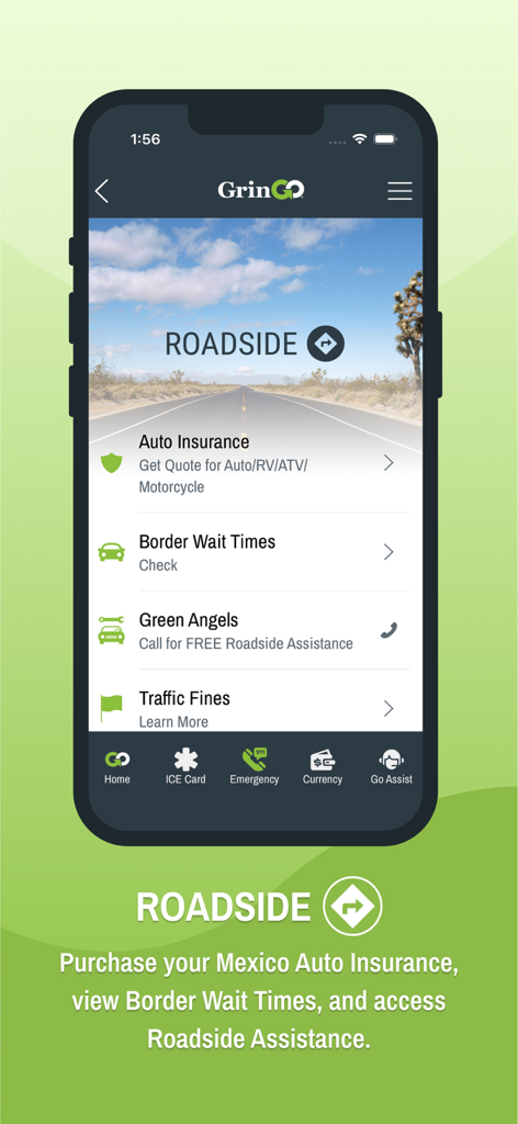 GrinGO App - Pantalla de la aplicación GrinGO que muestra servicios de carretera, incluyendo seguro de auto y tiempos de espera en la frontera para viajar en México.