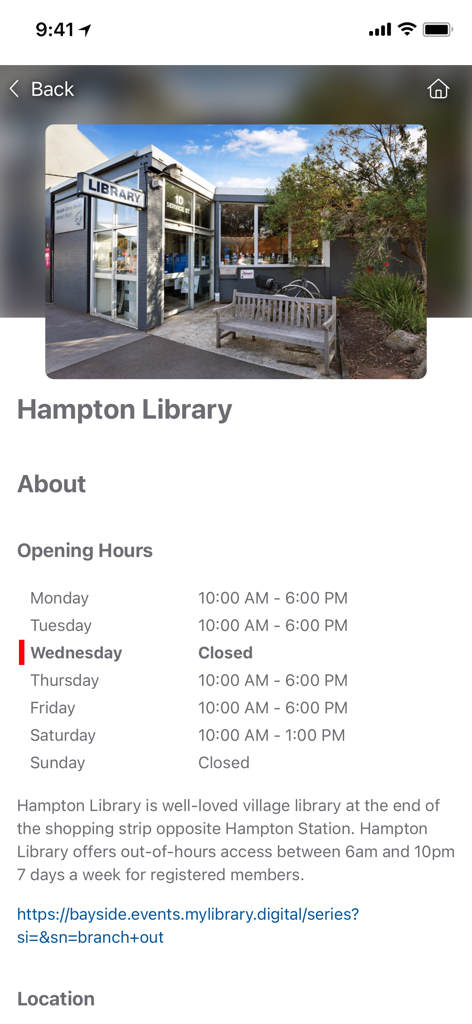 Bayside Libraries - Detalles de la sucursal de la biblioteca de Hampton y horario de apertura semanal