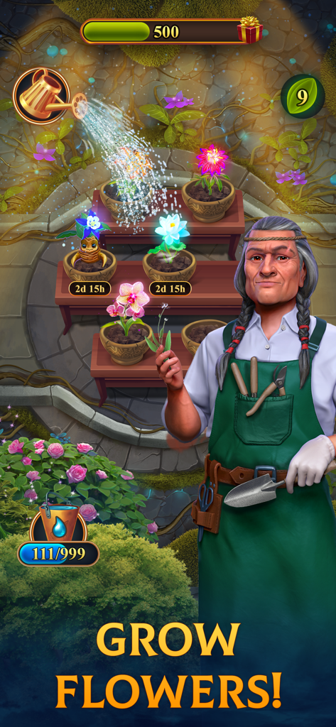 Clockmaker: Match 3 Puzzles - Un personaje jardinero regando plantas brillantes en la aplicación Clockmaker Match 3 Puzzles.