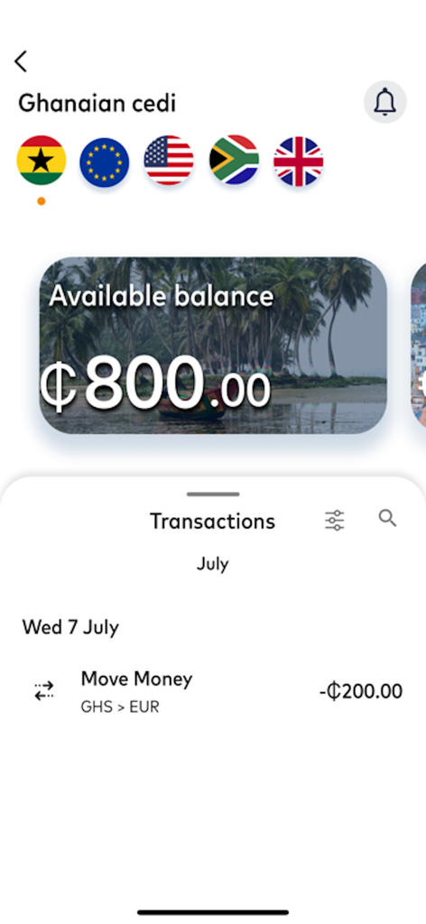 MoneyWallet - MoneyWallet app interface showing a balance in Ghanaian cedi and recent currency transfer