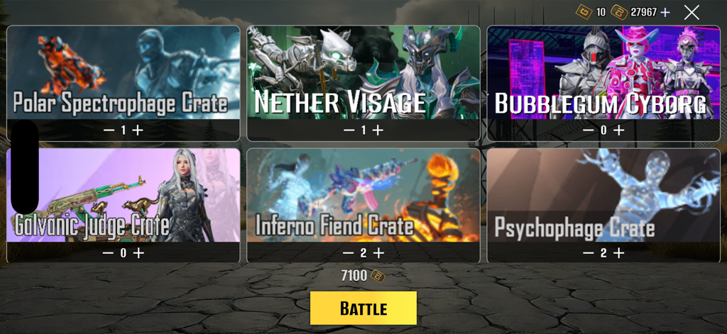 Crate Opening Battle UC - Auswahlmenü für verschiedene thematische Kisten in der Crate Opening Battle UC App.