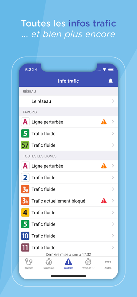 Fil Bleu - Fil Bleu transit app showing real-time traffic information and bus line status updates for Tours