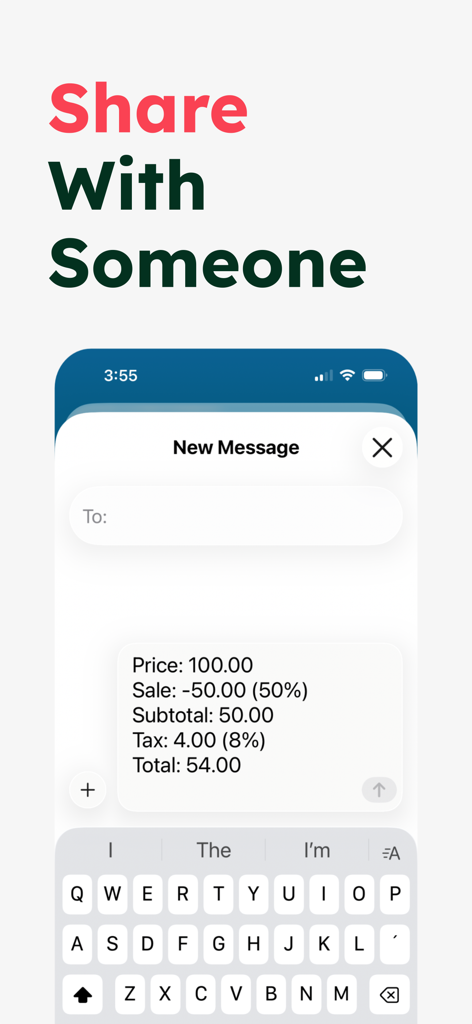 Sales Tax Discount Calculator - A mobile screen showing the share feature where price calculations including sales tax and discounts are sent via text message.