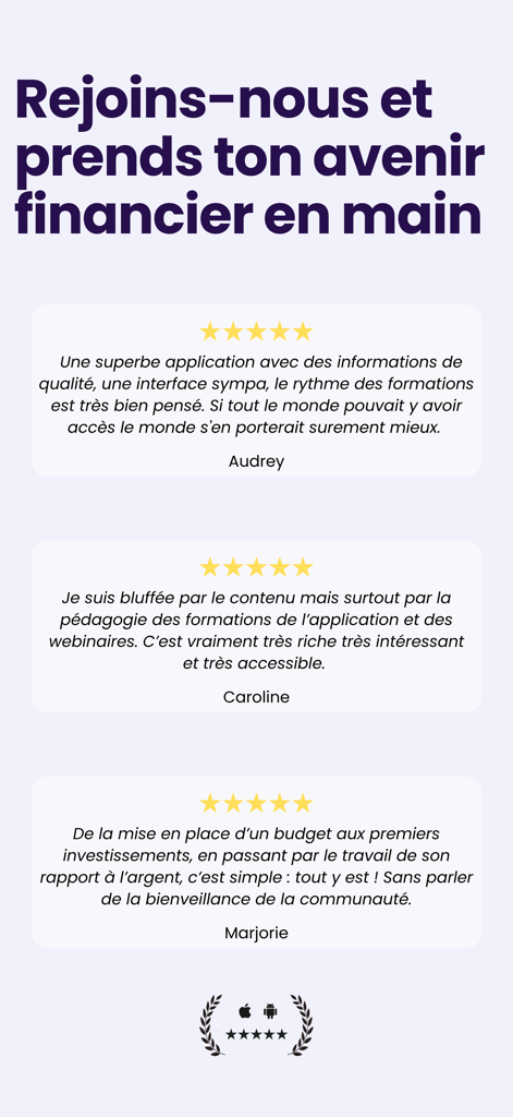 Testimonials and five star reviews from users of the Plan Cash financial education app