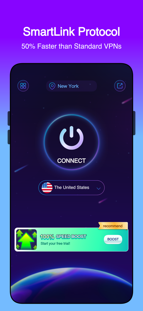FreeGuard VPN - FreeGuard VPN app interface showing the SmartLink Protocol with a 50 percent speed boost and connection button.