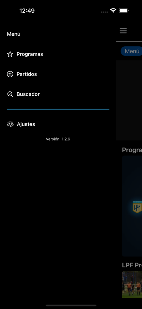 LPF Play - Menu di navigazione dell'app mobile LPF Play che mostra opzioni per programmi, partite di calcio, ricerca e impostazioni.