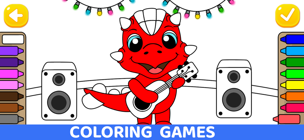 Dinosaur Games For Kids 2-7 - A red cartoon dinosaur playing a guitar on a digital coloring book page with various colored crayons.