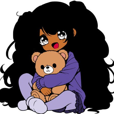 manga girl, long curly hair, happy, cuddling a teddy bear