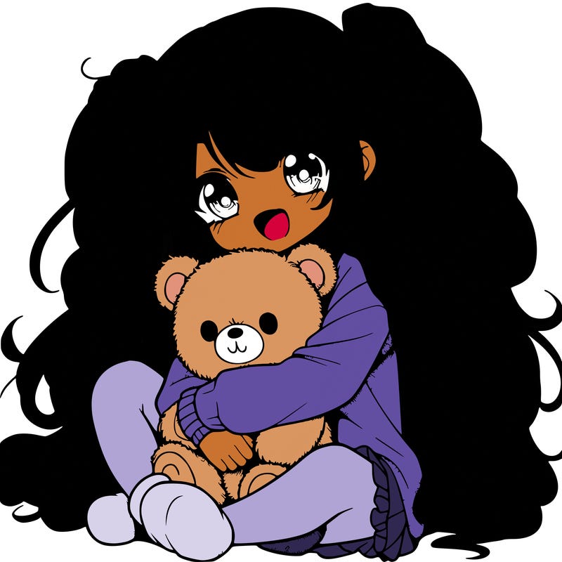 manga girl, long curly hair, happy, cuddling a teddy bear