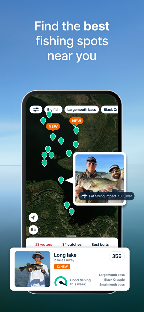 Fishbrain - Fishing App - Fishbrain app interface displaying a map with nearby fishing spots and catch reports