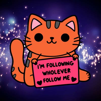cat with a sign that says i’m following whoever follows me