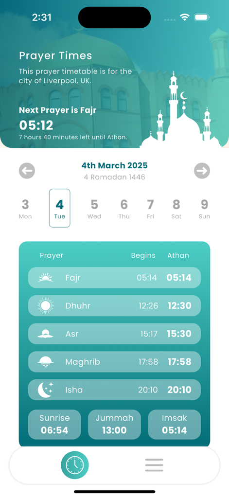 Al-Rahma Mosque - Al-Rahma Mosque app interface displaying daily prayer times for Liverpool