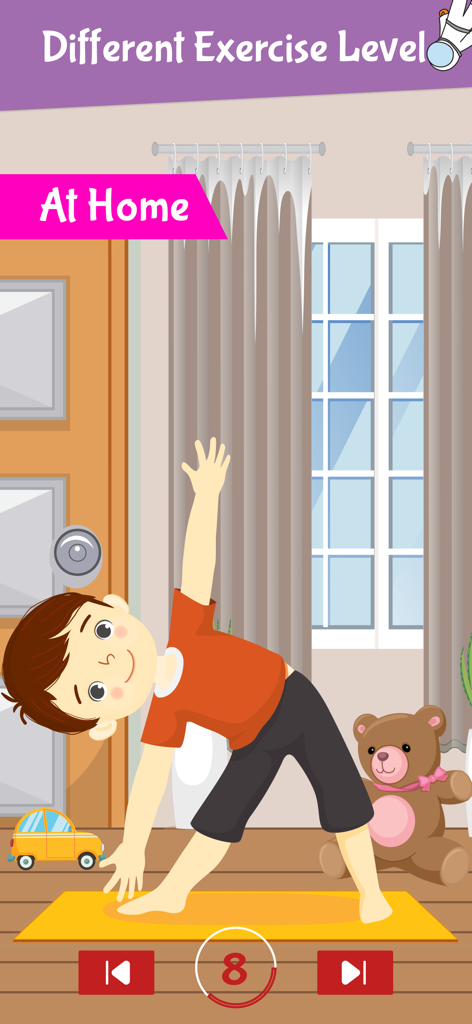 Workout For Kids Height - A cartoon boy performing a triangle yoga pose on a yellow mat in a living room as part of an at-home kids stretching routine.