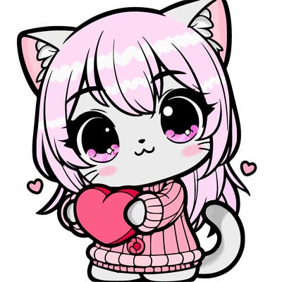 cute anime cat holding a heart