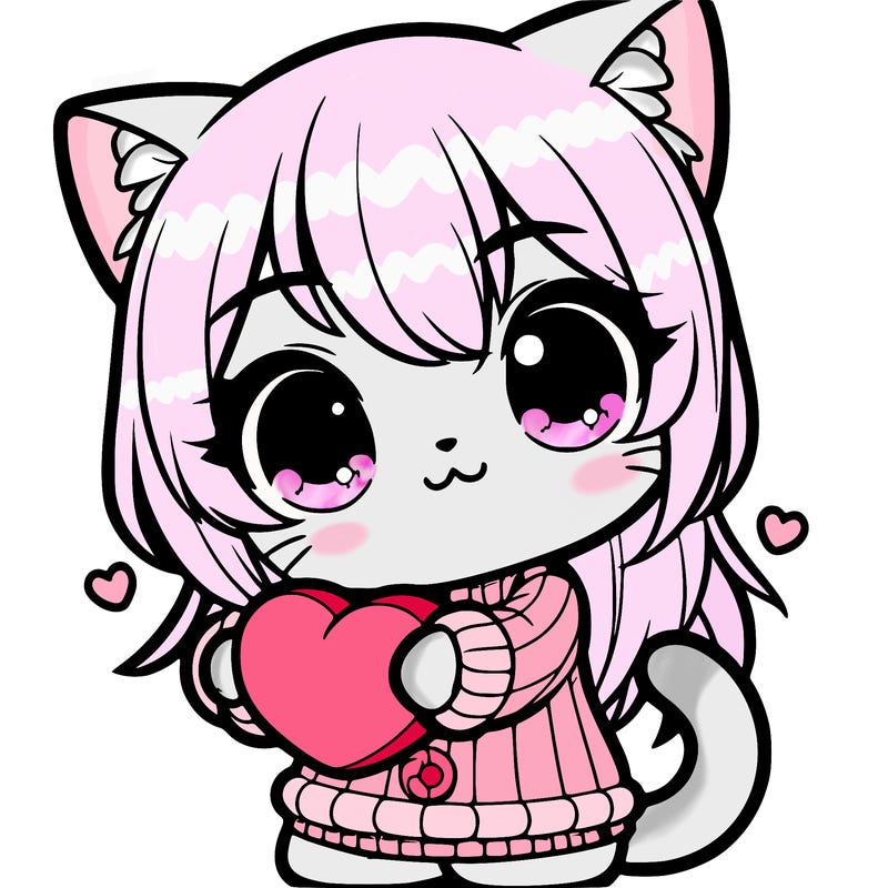 cute anime cat holding a heart