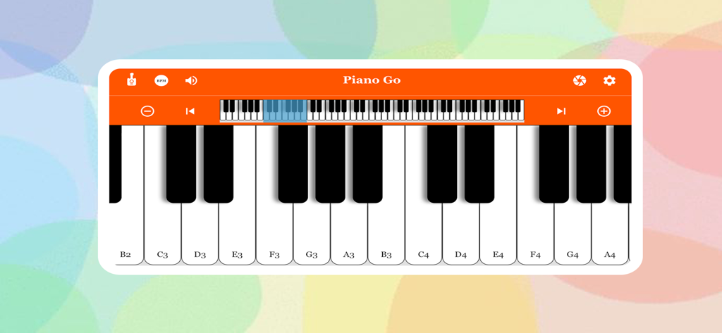 Interfaz de la aplicación simuladora Piano Go que muestra un teclado digital realista con notas musicales etiquetadas.