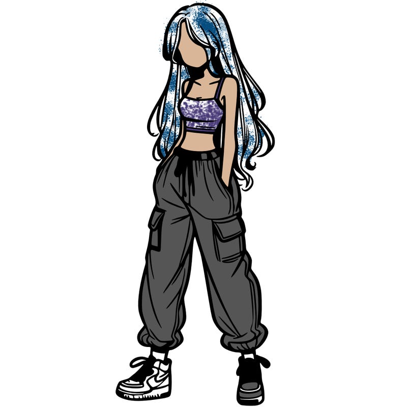 girl in baggy pants crop top and long hair